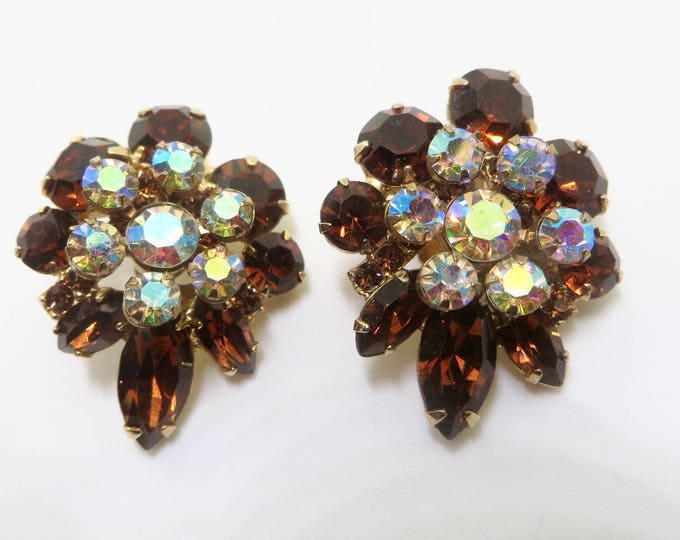 Vintage Rhinestone Earrings, Aurora Borealis and Navette Stones, Clip Earrings, 1960s Jewelry, Clip On Earrings