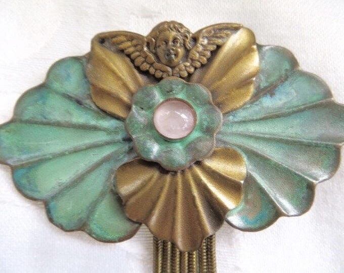 Moonstone Angel Brooch. Verdigris Dangle Chains. Vintage Cherub Pin. Celestial Jewelry, Cherub Jewelry