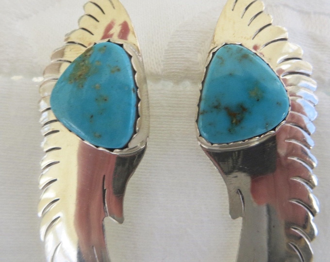 Navajo Sterling Earrings, Turquoise Stones, Signed Navajo Artisan, Ronnie Hurley, Native American Jewelry, Pierced Earrings