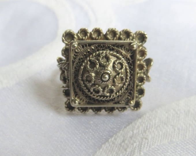 Vintage Poison Ring, 800 Silver Filigree Ring, Size 9.5, Bali Style Boho Ring