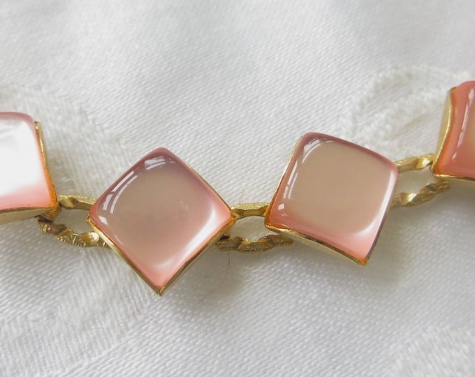 Pink Moonglow Bracelet Set, Vintage Thermoset Bracelet, Screw Back Earrings, Mid Century Jewelry