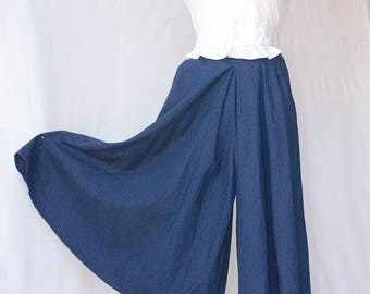 Spectacular Sale 25% off Western Dark Denim High Waist Full Circle Gaucho Culottes Skirt Elastic Waist Deep Side Pockets Front Pleats by Cat