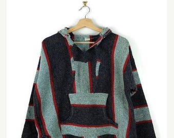 ON SALE Vintage Pale Green x Grey Stripe Baja point break Surf Poncho/hoodie /Mexican Parka*