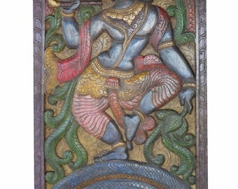 Antique Vintage Hand Carved Krishna Dance on Snake Kaliya, Barn Door, Wall sculpture , Eclectic mix Decor