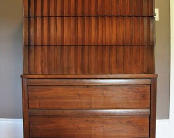 Mid Century Modern Tall Walnut Dresser Chest of Drawers