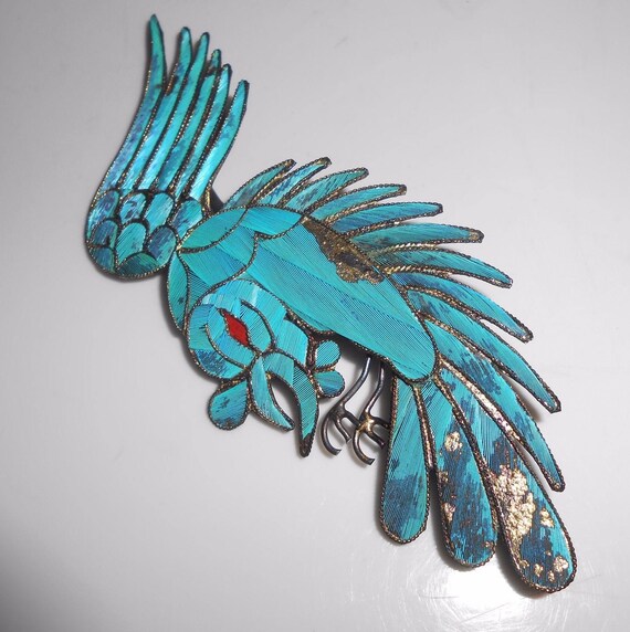 Chinese Kingfisher Feather Phoenix Bird Brooch Pin Early 20th