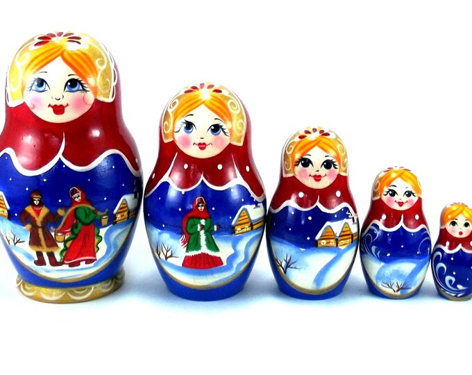 Christmas Nesting Dolls 5 pcs Russian Matryoshka doll Babushka doll Russian stacking dolls for kids Art dolls Wooden russian doll Winter