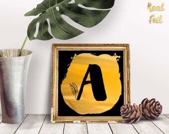 Monogram print, Black and gold foil art print, Unique home decor, Real foil print, Square print, Personalized wall decor, FAP8fp003B