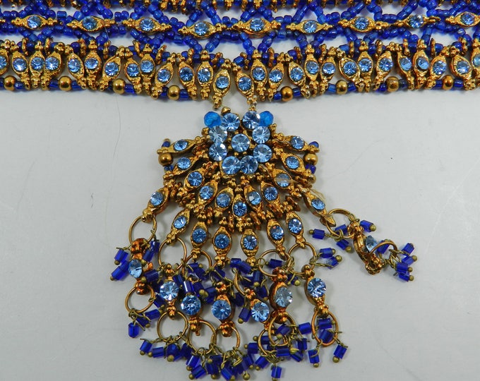 Vintage WIDE Vintage Blue Gold Seed BEADED BIB Collar Necklace Tribal Bohemian Boho Chic Rare Big Statement Ethnic Bead Choker Gift for her