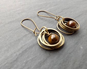 Earrings "rings" bronzite, brown tone beads