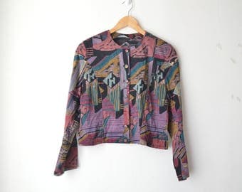 abstract print button down cropped shirt top 80s // S-M