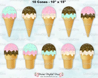 Ice Cream Cones | Strawberry Vanilla Chocolate Mint Sprinkles | Clipart Digital Instant Download