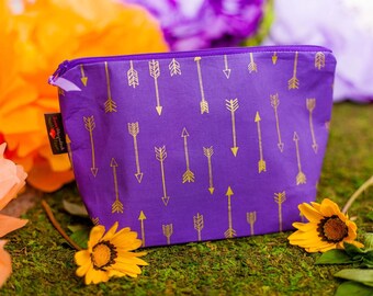 Makeup bag, Make up bag, Cosmetic bag, Cosmetic pouch, Travel pouch, Gift for her, Arrow pouch, Zipper pouch, Gold arrows