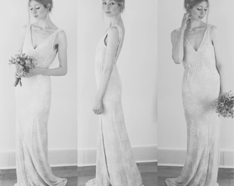 EDWINA - fishtail, body con wedding dress made with ivory lace raschel and lined in ivory silk - romantic, demure, simple lace wedding dress