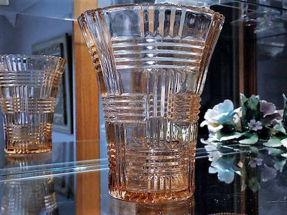 Pink Depression Glass Vase QUEEN MARY Prismatic Basket Weave 1930s Art Deco Vintage Wedding Table Country Home Farm Farmhouse Kitchen Decor