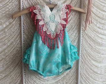 4T Mermaid romper, teal lace romper, baby romper