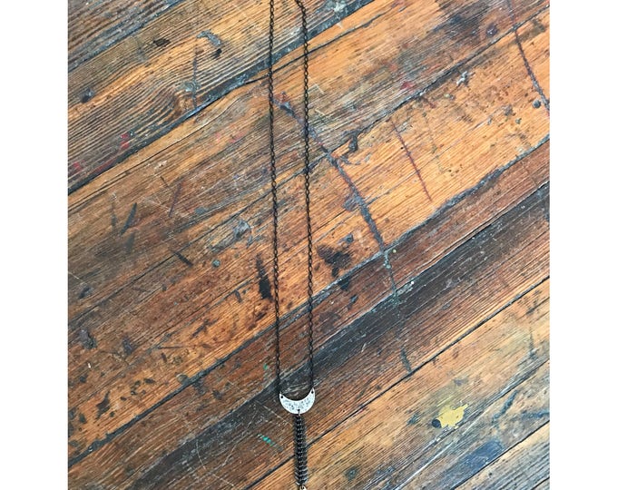 Small moon lariat necklace . Mixed Metal Moon and Hand Necklace. Crescent moon necklace . Mixed metal lariat
