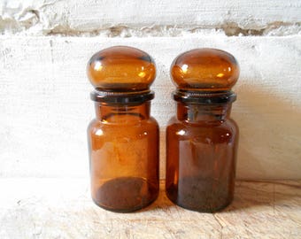 Vintage set of 2 amber apothecary jars , 2 amber glass jars , French vintage chemistry pots, curio cabinet, bathroom storage decor.