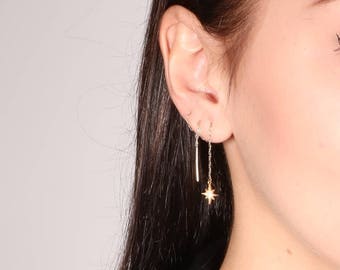 Ear thread earrings,Gold thread earrings,Gold earrings,long earring gold,minimalist earrings,threader earrings,star earrings,gift for her