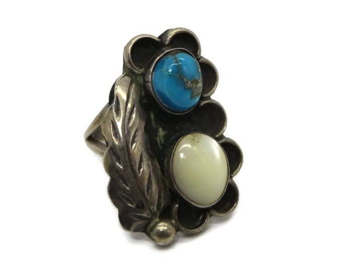 Navajo Silver Ring - Vintage Sterling Silver Feather Ring, Turquoise and MOP Native American Ring, Size 6, Gift Box, Perfect Gift
