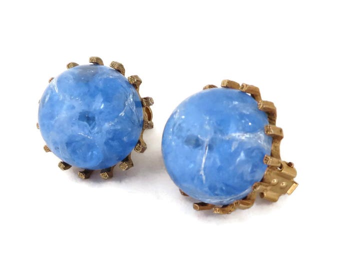 Vintage Blue Marbled Earrings, Lucite Button Clip-ons, Signed "STAR" Earrings