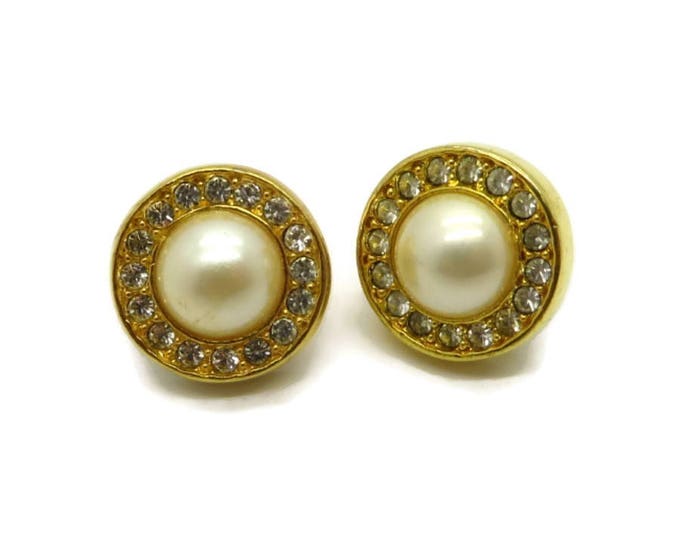 Vintage Pearl & Rhinestone Earrings - Gold Tone Round Pierced Earrings Bridal Jewelry, Gift for Her