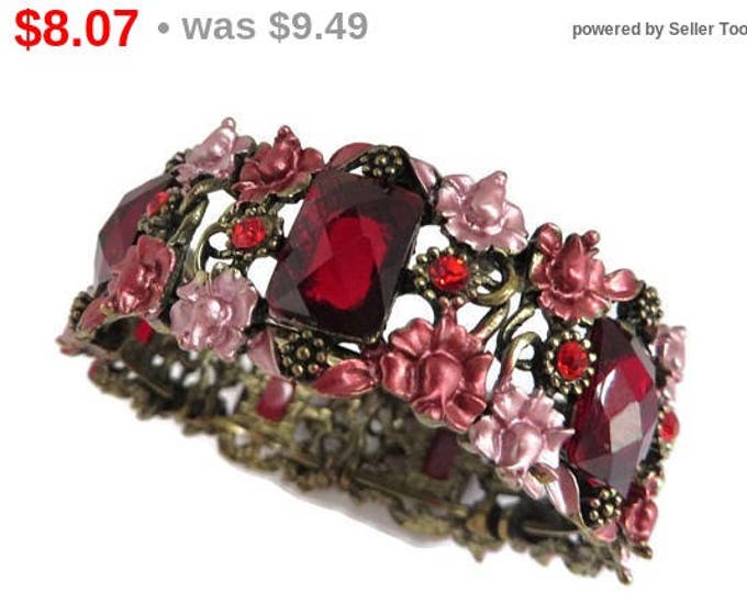 Red Rhinestone Flower Bracelet, Vintage Floral Cuff Bangle Costume Jewelry Bracelet