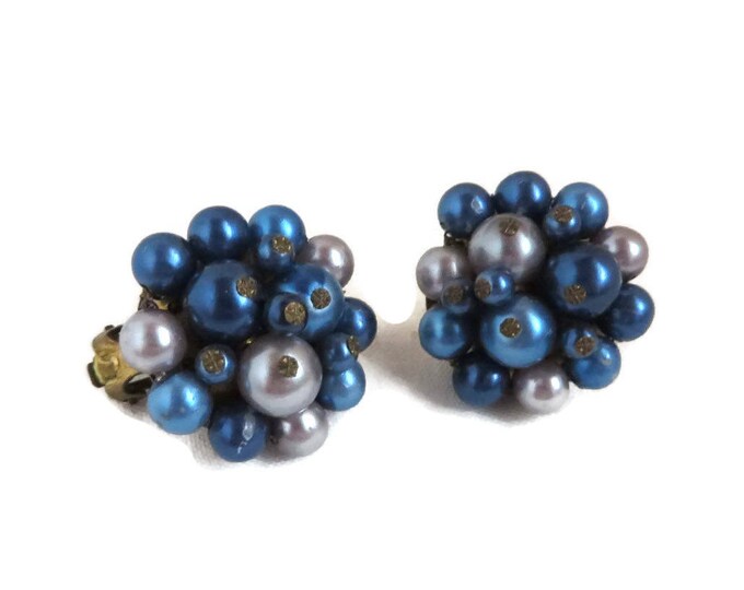 Vintage Japan Earrings, Blue and Gray Cluster Clip-on Earrings