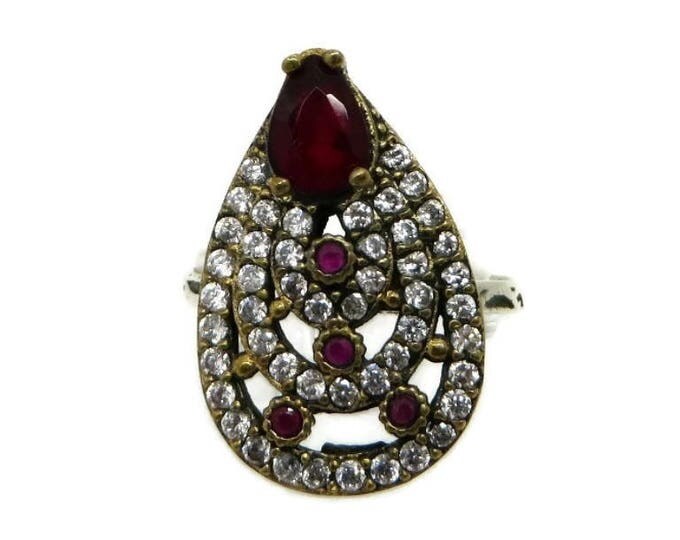 Vintage Faux Ruby Ring, Sterling Silver CZ Cocktail Ring, Size 8.25