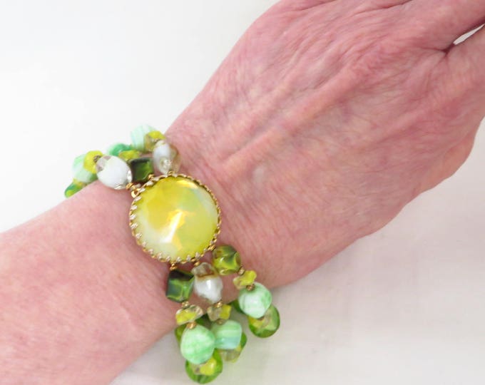Vintage Bracelet - Hattie Carnegie Crystal Bracelet, Three Strand Green Glass Bracelet, Designer Signed Bracelet