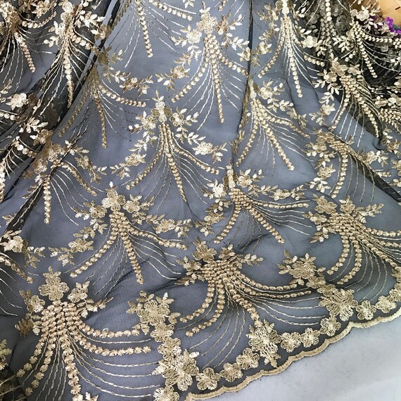 Retro Gold Embroidered Lace on Black Mesh Fabric for Dresses