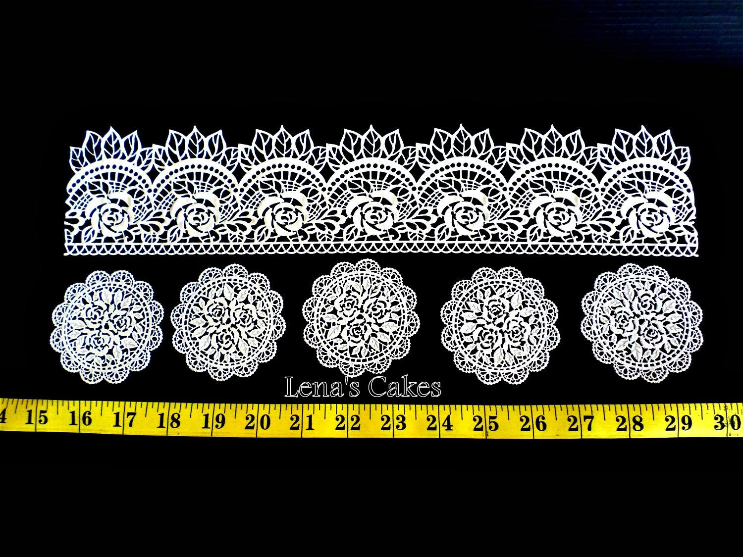 Edible Lace Set 2 Sugar Lace Strips & 5 Sugar Doilies cake