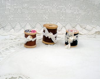 Vintage Wooden Spools of Thread-Set of Three in Shades of Brown
