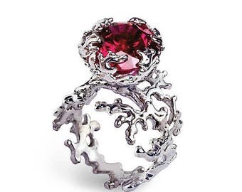 SALE 20% Off - CORAL Ruby Engagement Ring, Statement Ring, Red Ruby Ring, Silver Ruby Engagement Ring, Large Ruby Ring