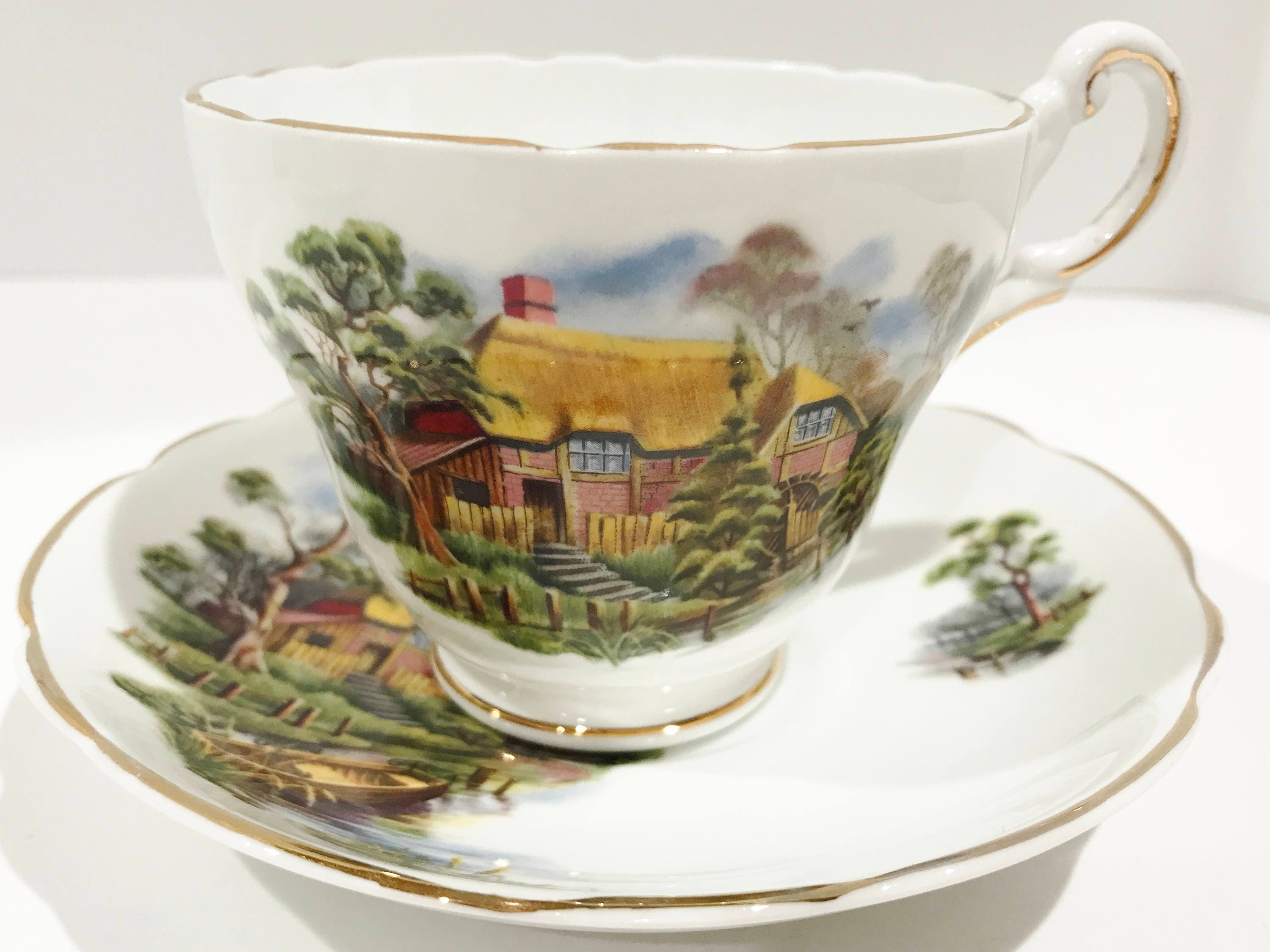 Regency Tea Cup and Saucer, Cottage House Pattern, Bone China Tea Cups ...