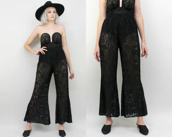 80s Black Lace Bell Bottoms, Size Large Vintage High Waisted Sheer Pants Medium, Disco, Wide Leg Palazzo Pants, Hippie, Goth, Boho, Festival