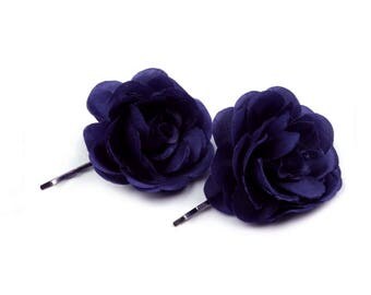 2 flowers in Navy blue satin hair clip