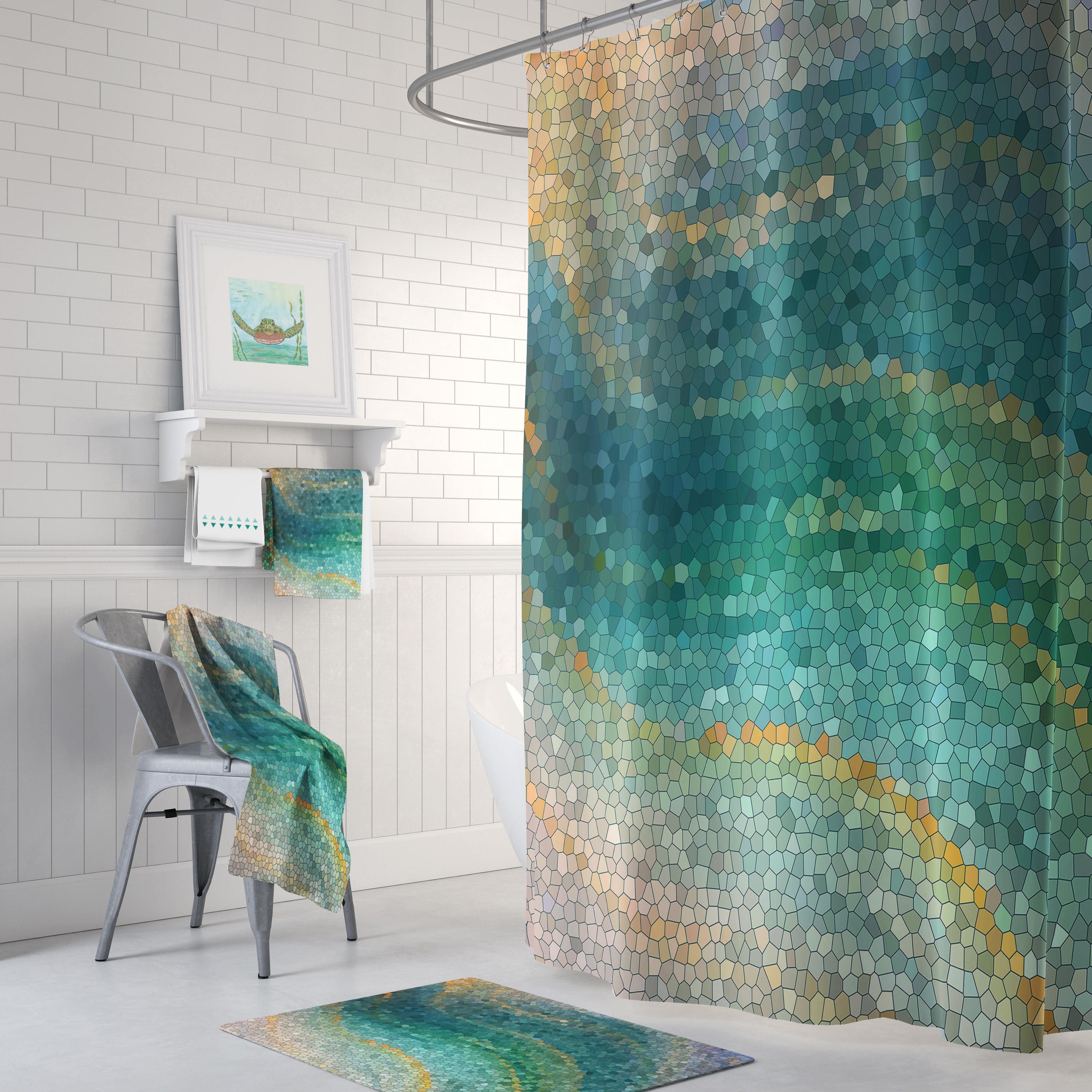 Ocean Mosaic Shower Curtain Set Distant Shores wave teal