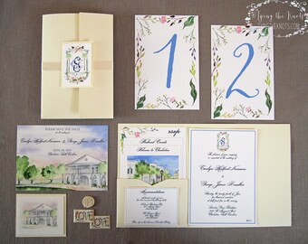 Formal Wedding Suite - Watercolor Wedding Invitations - Charleston Wedding - Lowndes Grove - Complete Wedding Suite - Plantation Wedding
