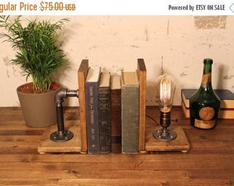25% OFF SALE Industrial Bookend Lamp - Steampunk Lamp - Table Lamp - Edison bookend Lamp - Vintage Light - Pipe Lamp - Bedside Lamp - Rustic