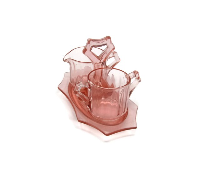 Pink Depression Glass Cream and Sugar With Tray - Decagon Pink by Cambridge - Pink Depression Glass Serving - Rare Depression Glass Mom Teen