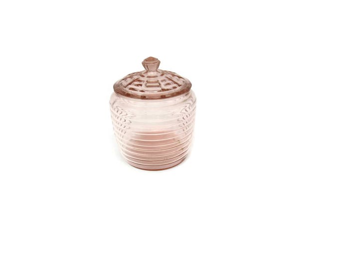 Pink Depression Glass Cookie Jar - Pink Glass Biscuit Jar - Anchor Hocking Manhattan - Vanity Jar - Lidded Jar