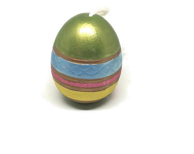 Art Deco Hand Painted Pysanky Style Easter Egg / Vintage Ceramic Egg / Colorful Easter Ornament / Green, Blue, Gold, Yellow and Pink Egg
