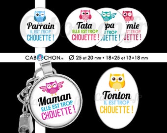 Chouette Famille ll 60 Images Digitales RONDES 25 et 20 mm OVALES 18x25 et 13x18 mm hibou maman papa mamie tata cabochons badge marraine