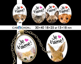Je t'aime 5 • 45 Images Digitales OVALES 30x40 18x25 13x18 mm amour saint valentin animaux chat chien lapin souris coeur mignon