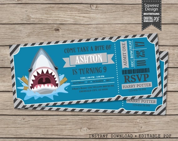 Shark birthday invitation Funny Party Ticket Printable