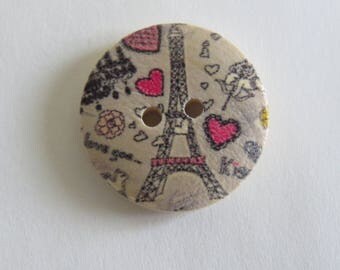 Eiffel Tower pink and gray patterned wooden button