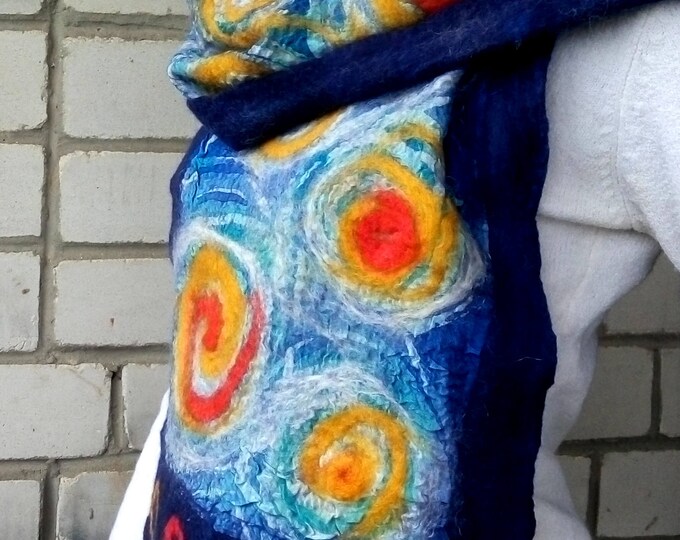 Christmas gift Starry night Felted scarf Handpainted scarf Wet felted Silk and wool Felted wool shawl Dark blue Gift for her Best friend