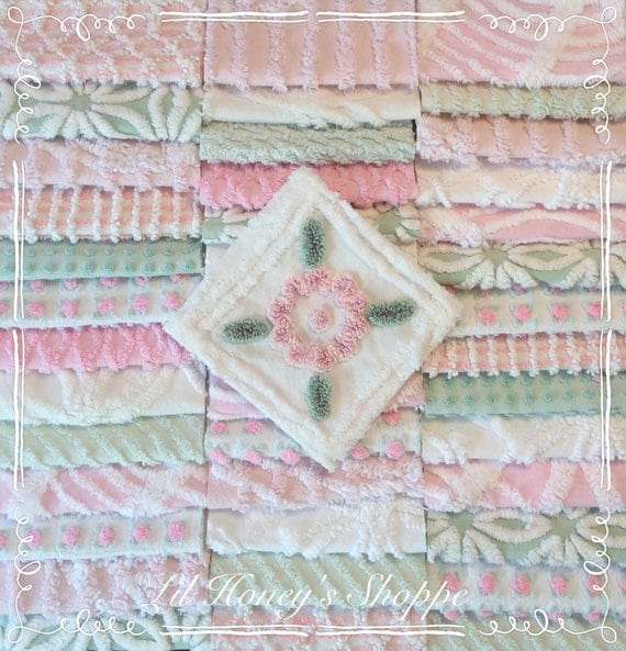 Chenille fabric quilt squares 426 blocks pink & green