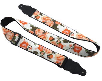 Roses guitar strap. Orange English roses. Girly guitar strap for all types of guitars. Adjustable, well padded and light weight.